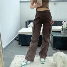 

Casual Loose Jeans Women's Clothing New Street Style Solid Color High Waist Straight Pants Cowgirl Multi Pocket Workwear Trouser