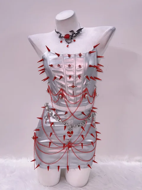 Red Spikey Silver Top and Skirt Set 4