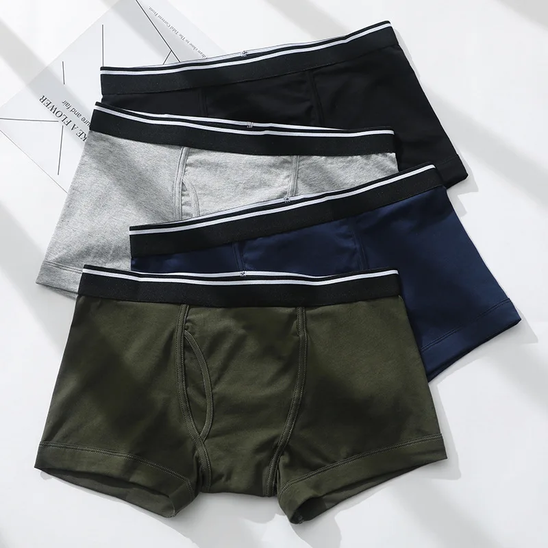 Boxed men's new underwear front opening pure cotton low waist boxer pants young men's pure color breathable boxer pants