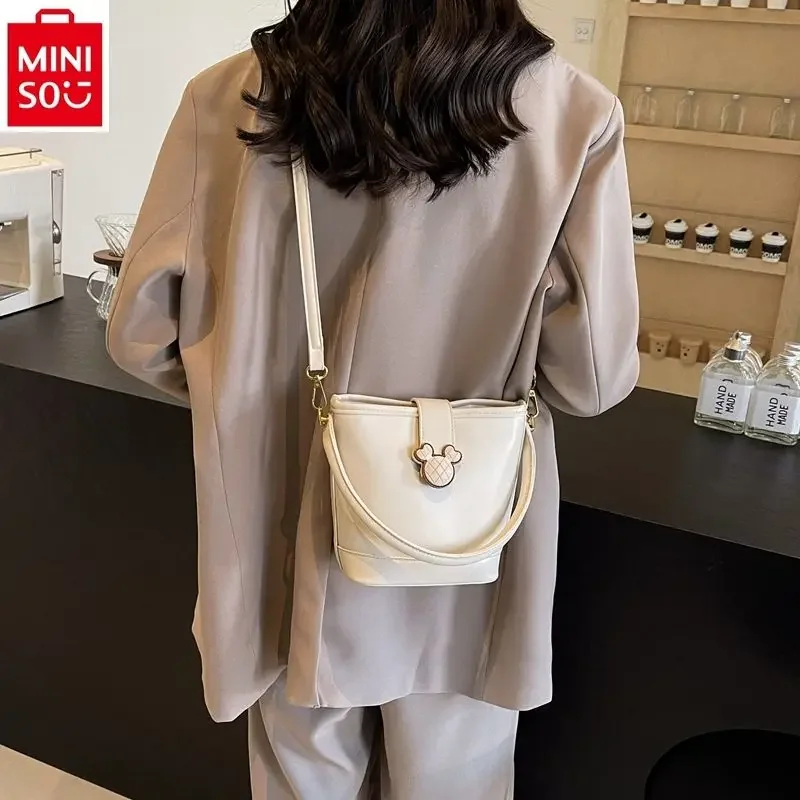 MINISO Disney Mickey Fashion Lock Bucket Bag Women's Vintage Versatile High Quality One Shoulder Crossbody Bag