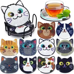 Cartoon Cat Diamond Painting Coaster Set - DIY Round Coasters (10-Pack) (BD012)