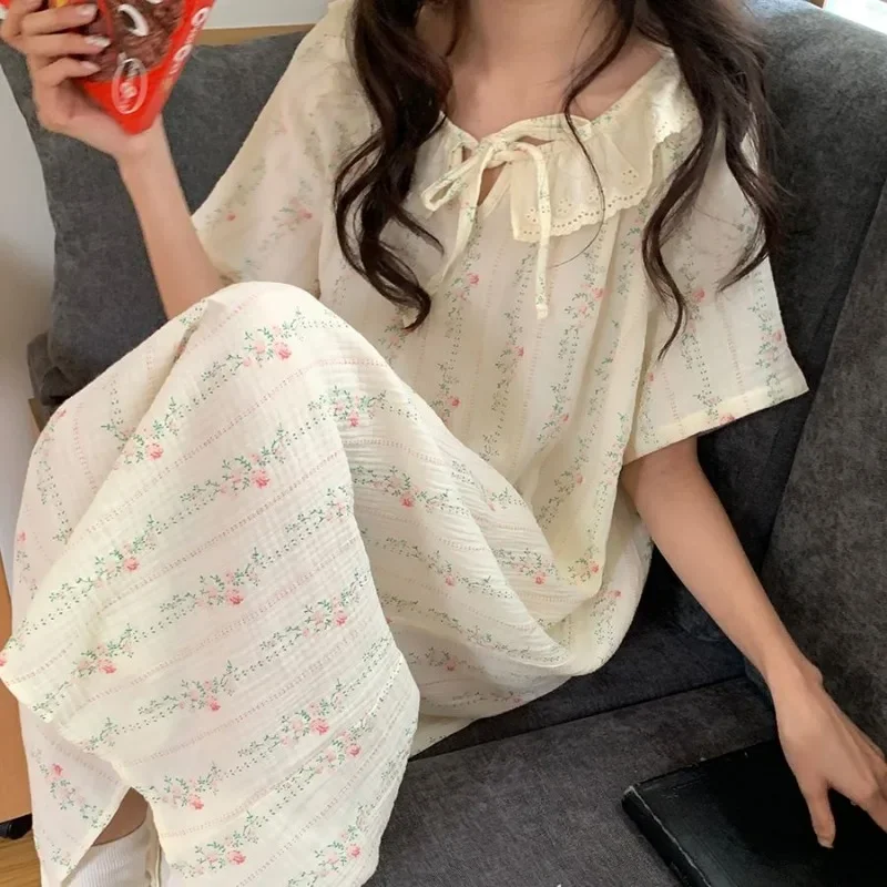 여성용 꽃무늬 잠옷, 한국 레이스 원피스 잠옷, 원피스 잠옷, 반팔, 나이트 타이, 홈웨어, 여름, 2024 신상 