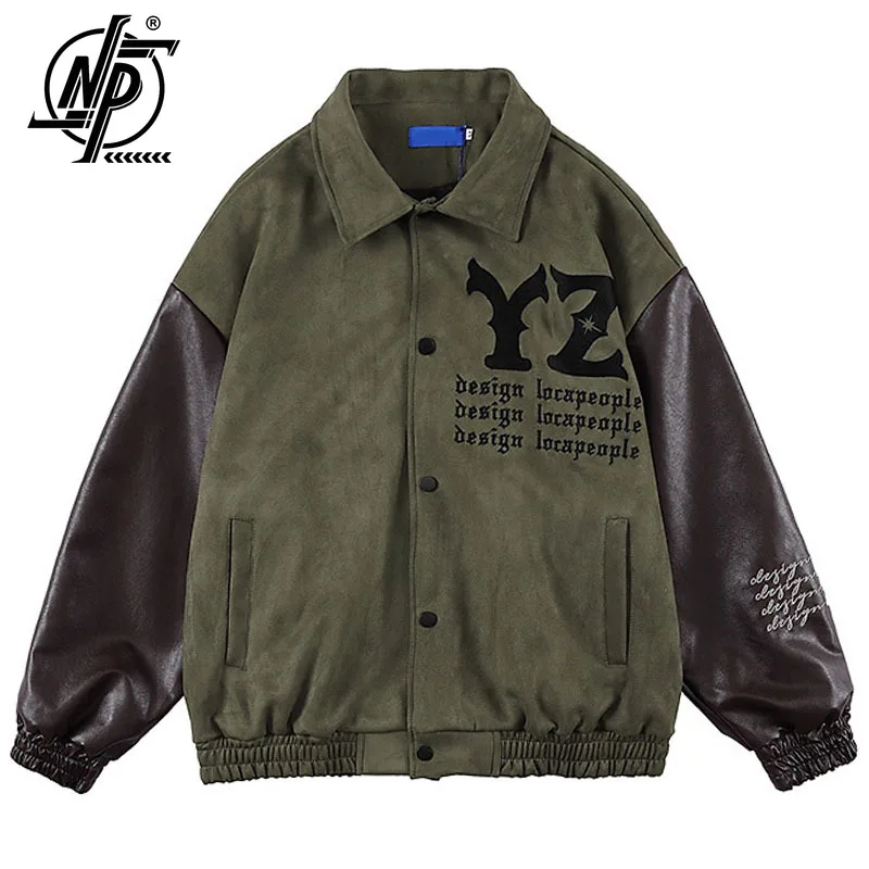 

American Vintage Patchwork Suede Bomber Jacket Unisex Letter Embroidery Jacket Men's Spring High Street Hip-Hop Sports Coat