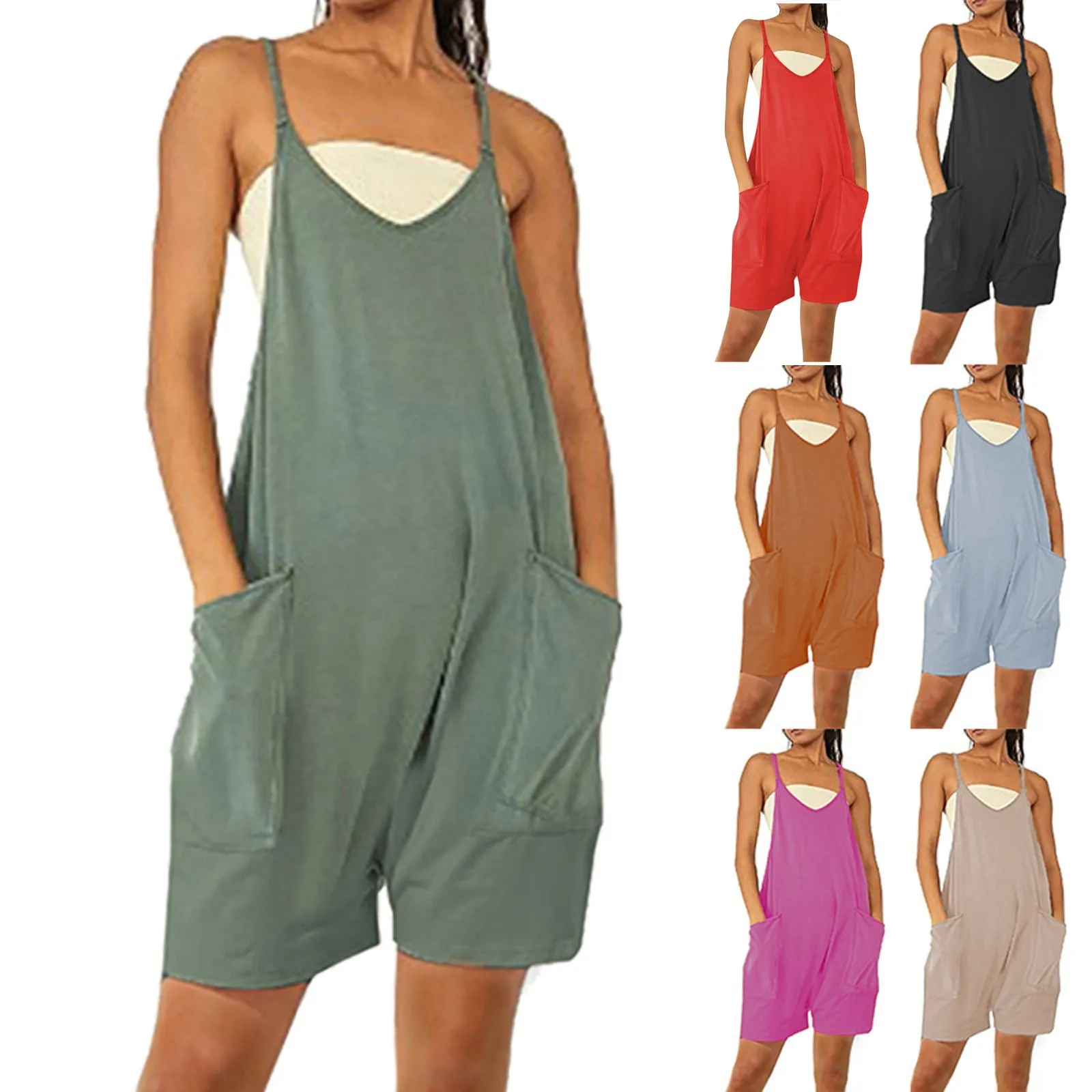 

Women's Casual Sleeveless Non-Adjustable Strap Solid Color Jumpsuit Pants Zipper Decorative Jumpsuit With Pockets