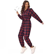 

Spring 2022 Ladies Long Sleeve Rompers Fashion Red Check Lapel Jumpsuit Casual African Women High Waist Loose Lace Up Trousers
