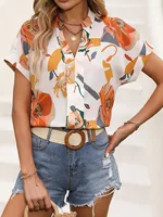 Women Flora Print Notched Neck Batwing Sleeve Blouse Ladies Tops Shirts - Image 2