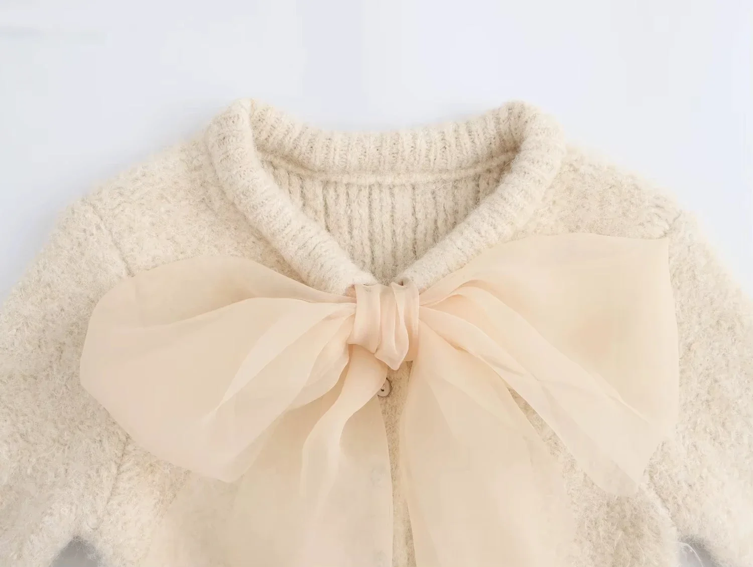 Mohair Knitted Short Sleeve Cardigan Women Lace Bow Single Breasted O-neck Slim Sweater Autumn Winter Fashion Lady Knitwear