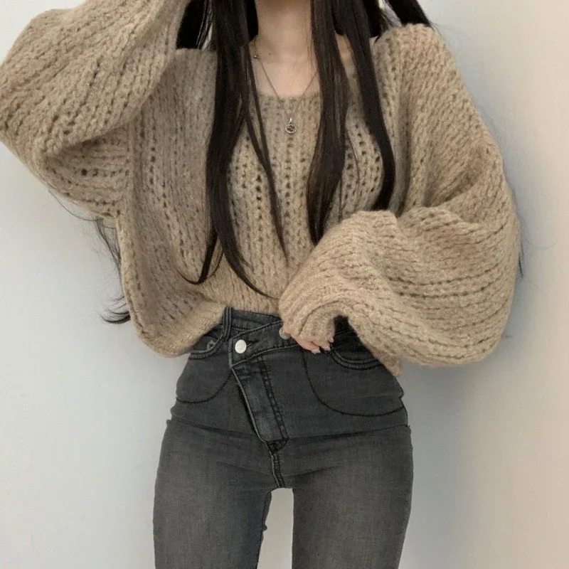 New Loose Lantern Long Sleeved Knitted Women's Sweater Pullover Elegant Sweater Casual Office Autumn Top