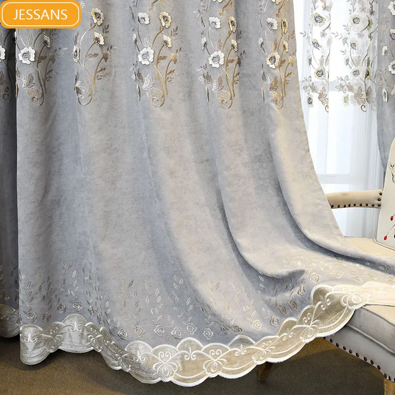 

High-end light luxury simple embroidered chenille embossed curtain pink pastoral Curtains for Living dining room bedroom