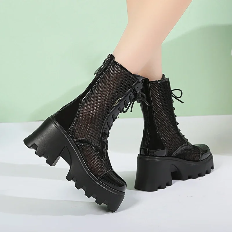 New  Summer Platform Ankle Boots for Women Black White Mesh Breathable Sandals Casual Shoes Woman Zip Thick Bottom Booties