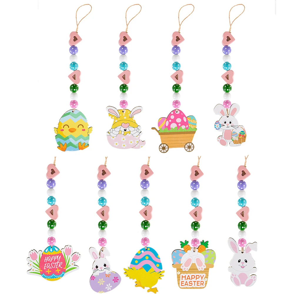 Coniglietto Pasquale Perline Di Legno String Ornament Spring Egg Flower Hanging Pendant Decorazione Per Feste Di Pasqua Regali Per Bambini Forniture P