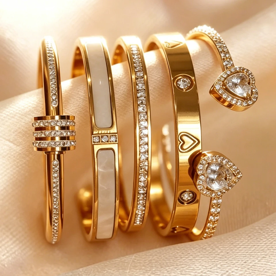 Yupsk 1/3pcs 18K Gold Plated Stainless Steel Heart Bracelet Set Fashion Zirconia Open Bangle Women's Bracelet Set For Daily Wear 1