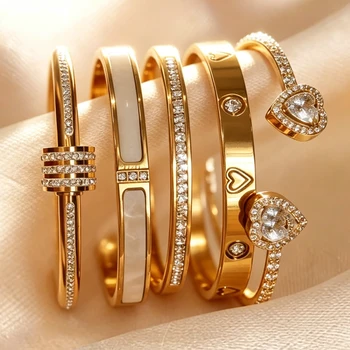 Yupsk 1/3pcs 18K Gold Plated Stainless Steel Heart Bracelet Set Fashion Zirconia Open Bangle Women's Bracelet Set For Daily Wear 1