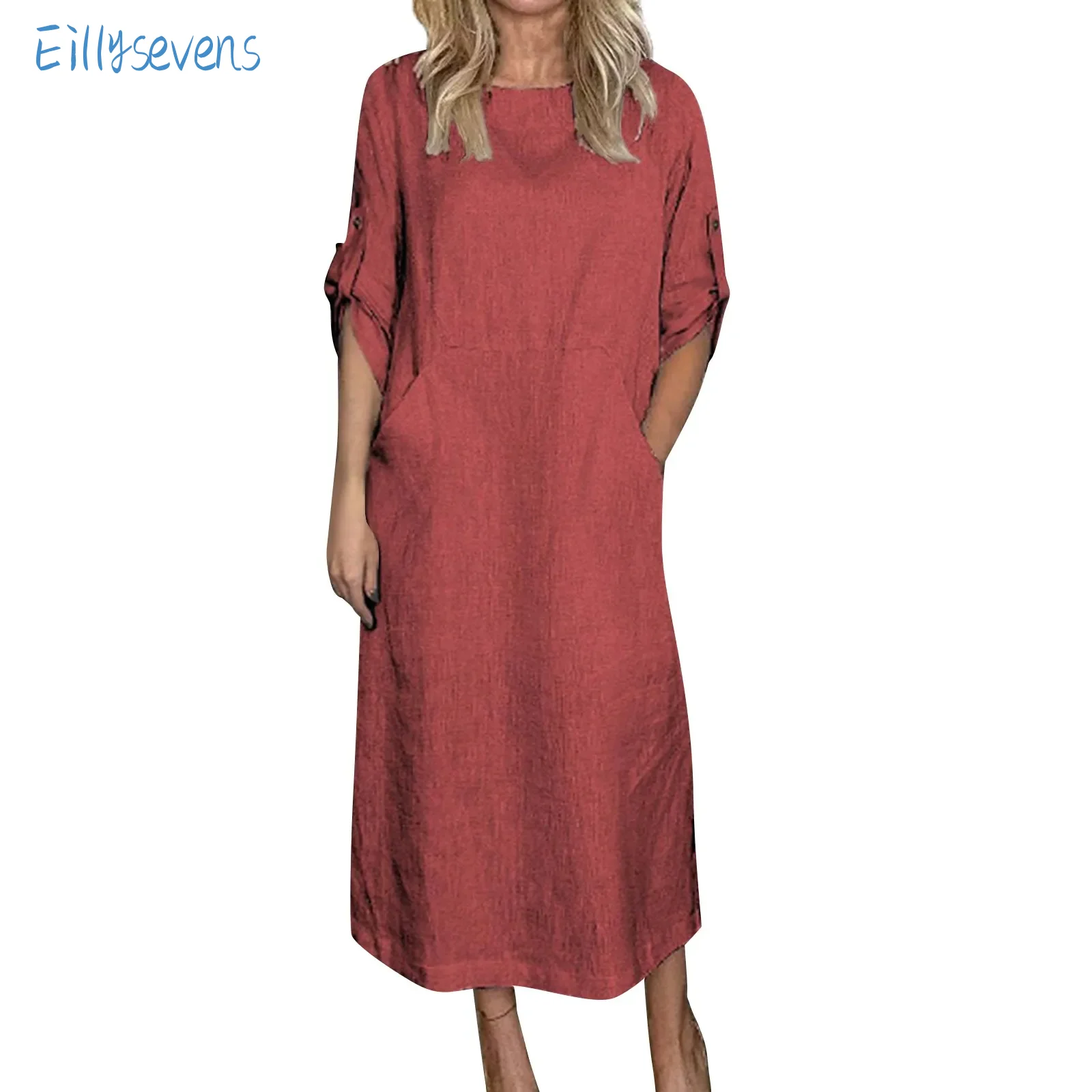

Women'S New Cotton And Linen Dress Casual Simple Solid Round Neck Double Side Pockets 3/4 Sleeve Long Dress Comfy All-Match
