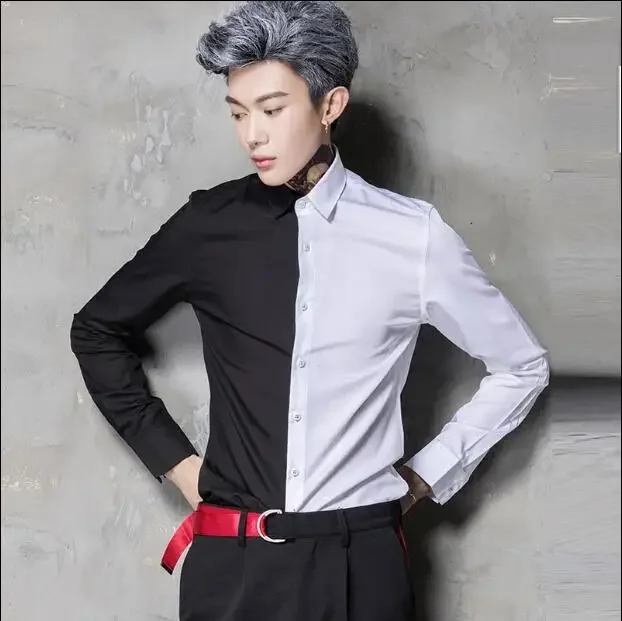 

S-6XL 2024 New Men's Clothing Hair Stylist GD Fashion Black And White Color Block Shirt Plus Size Costumes