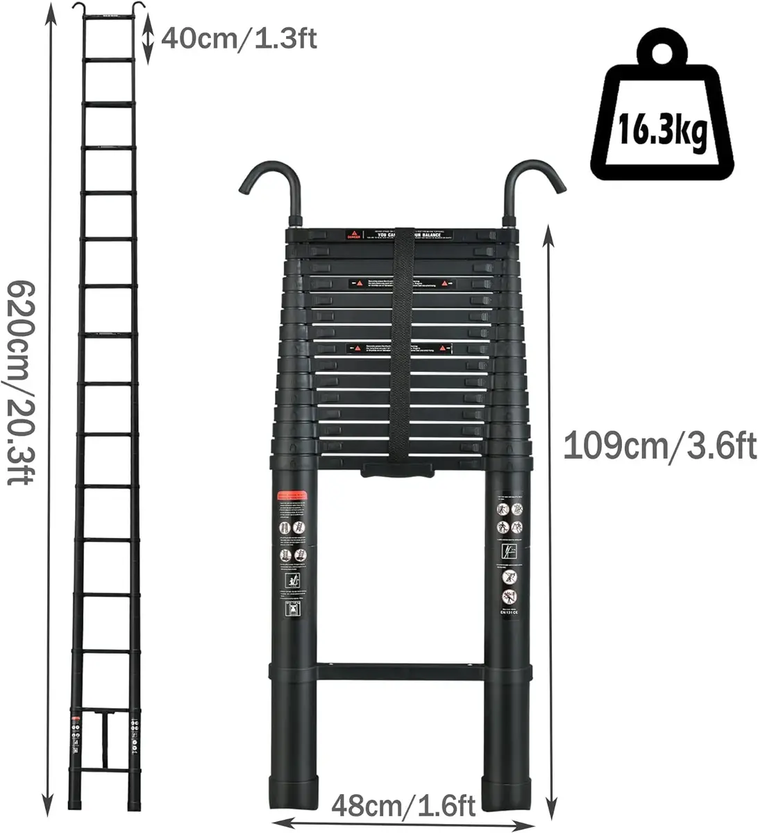 6.2M Heavy Duty Telescopic Ladders With Hooks 14 Steps Aluminum Extending Roof Ladder for Multi-Purpose Indoor Outdoor Ladder — view 2