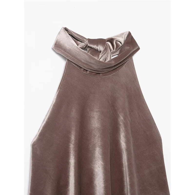 Women's Top 2025 Autumn New Style Asymmetry Velvet Halter Neck Backless Tie Top Sexy Fashion Versatile and Stylish Short Tops