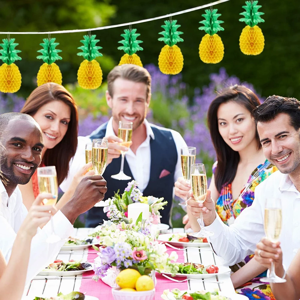 2/3/4 Stück Ananas-Dekoration, tropische Sommer-Hawaiianische Luau-Party, Ananas-Waben-Gewebe-Mittelstücke, Tische, Hängedekoration – Detail 9