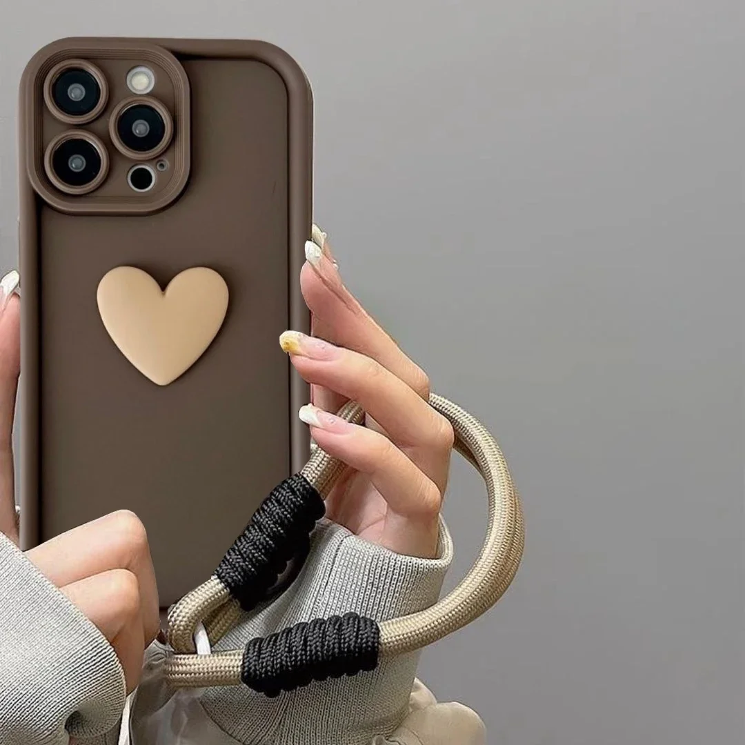 Cartoon 3D Love Heart Phone Case with Hand Strap and Lanyard
