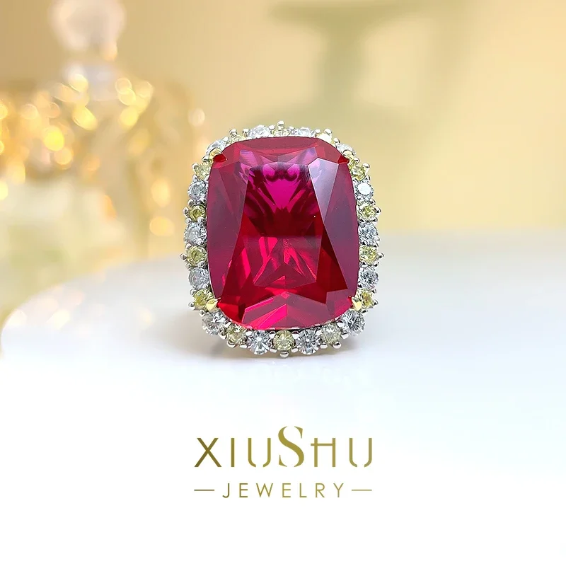 

Desire Artificial Pigeon Blood Ruby Ring Female Index Finger Exaggerated Colorful Treasure 925 Sterling Silver Inlay