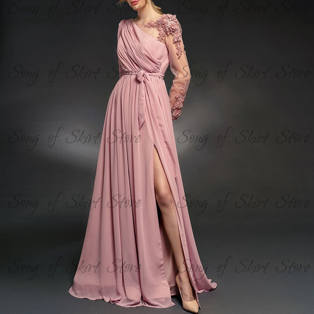 Scoop Neck Aline Evening Dresses Glitter Sequined Chiffon Long Sleeve