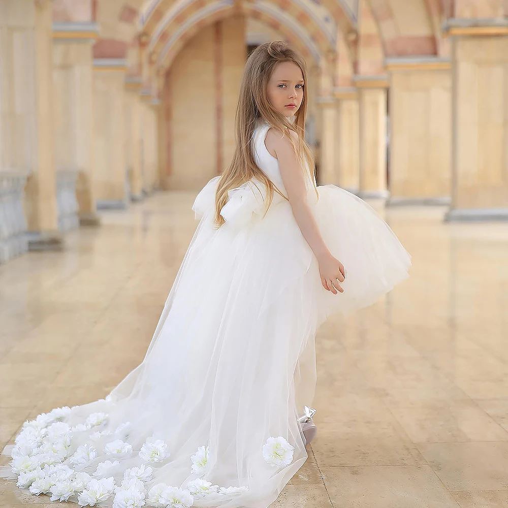 

Princess Tulle Flower Girl Dresses For Wedding Ivory Puffy Applique Kids Birthday Party First Communion Dress Ball Gowns