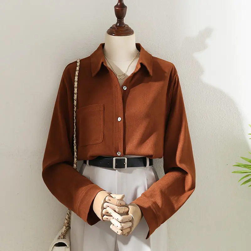 

Autumn and Winter New Temperament Versatile Women's Clothing Splice Buttons Pocket POLO Collar Long Sleeve Solid Color Shirt