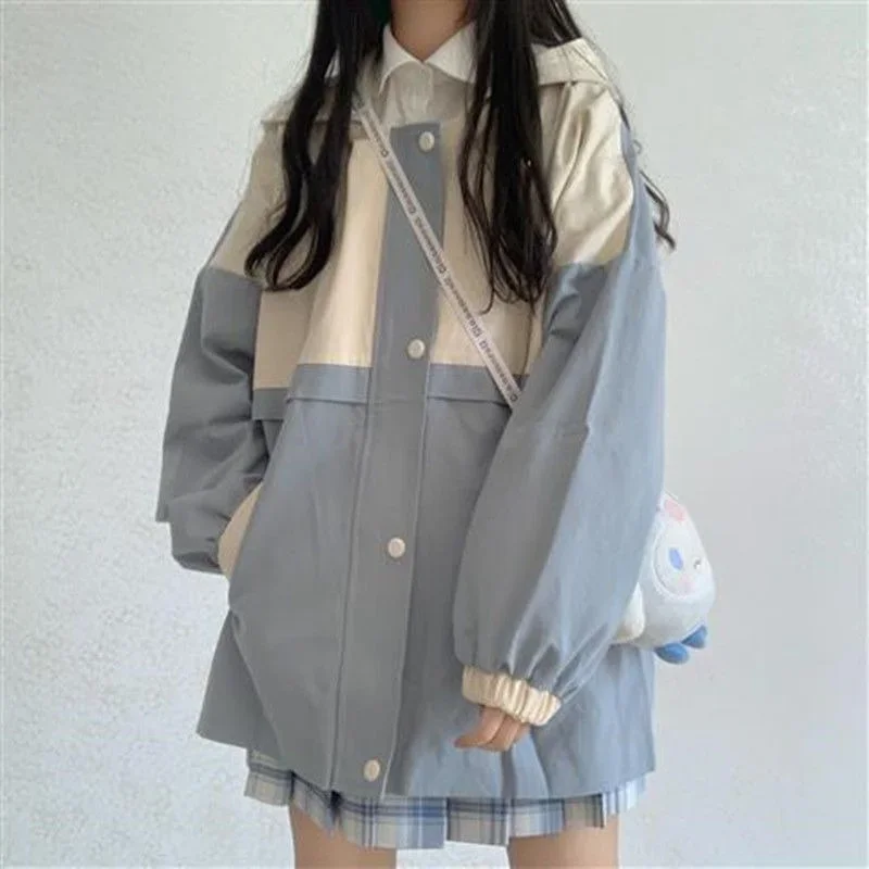 Women Kawaii Vintage Oversized Basic Patchwork University Overcoat 2021 Harajuku Jackets Girls Korean Fashion Spring Casual Coat