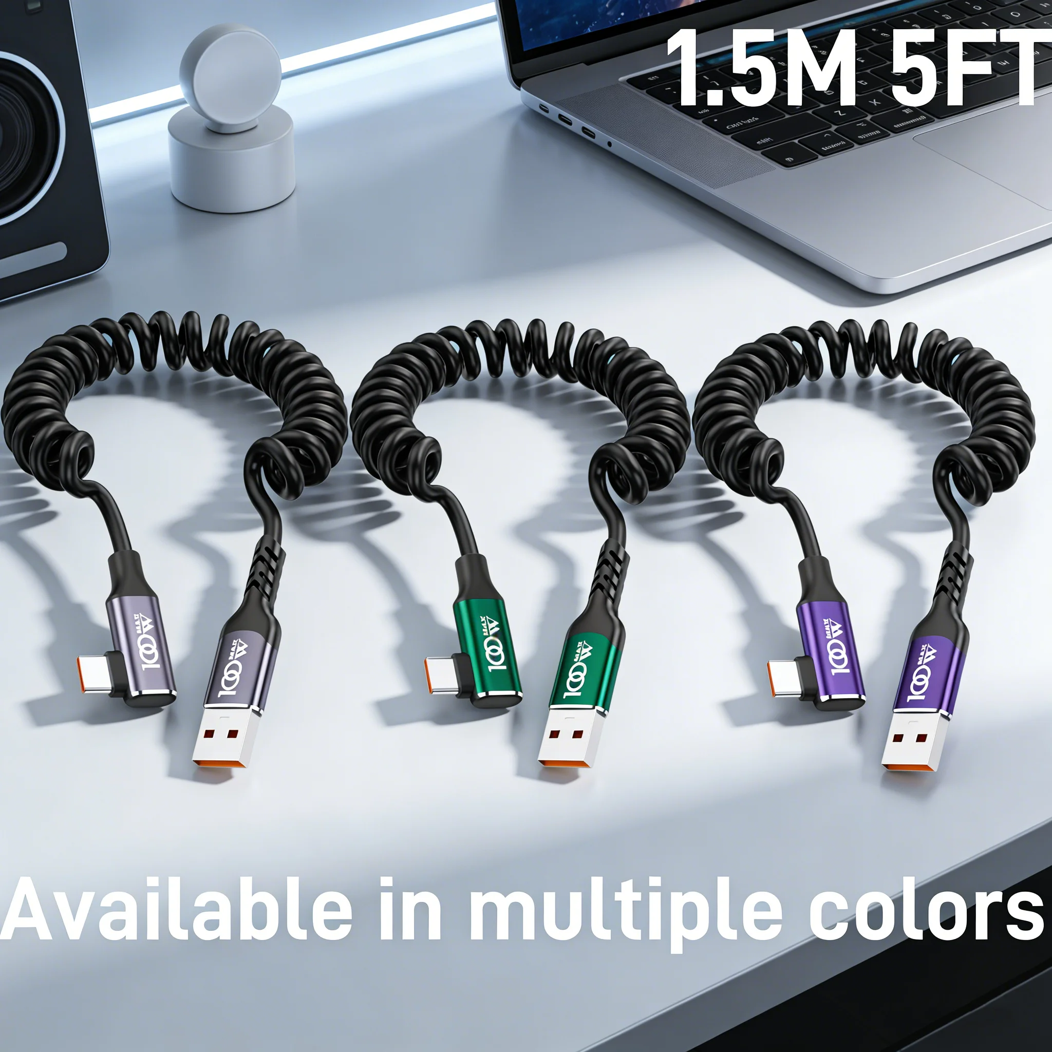 High-Speed Right-Angle Coiled USB-A to Type-C Car Charging Cable, 5-Foot Length