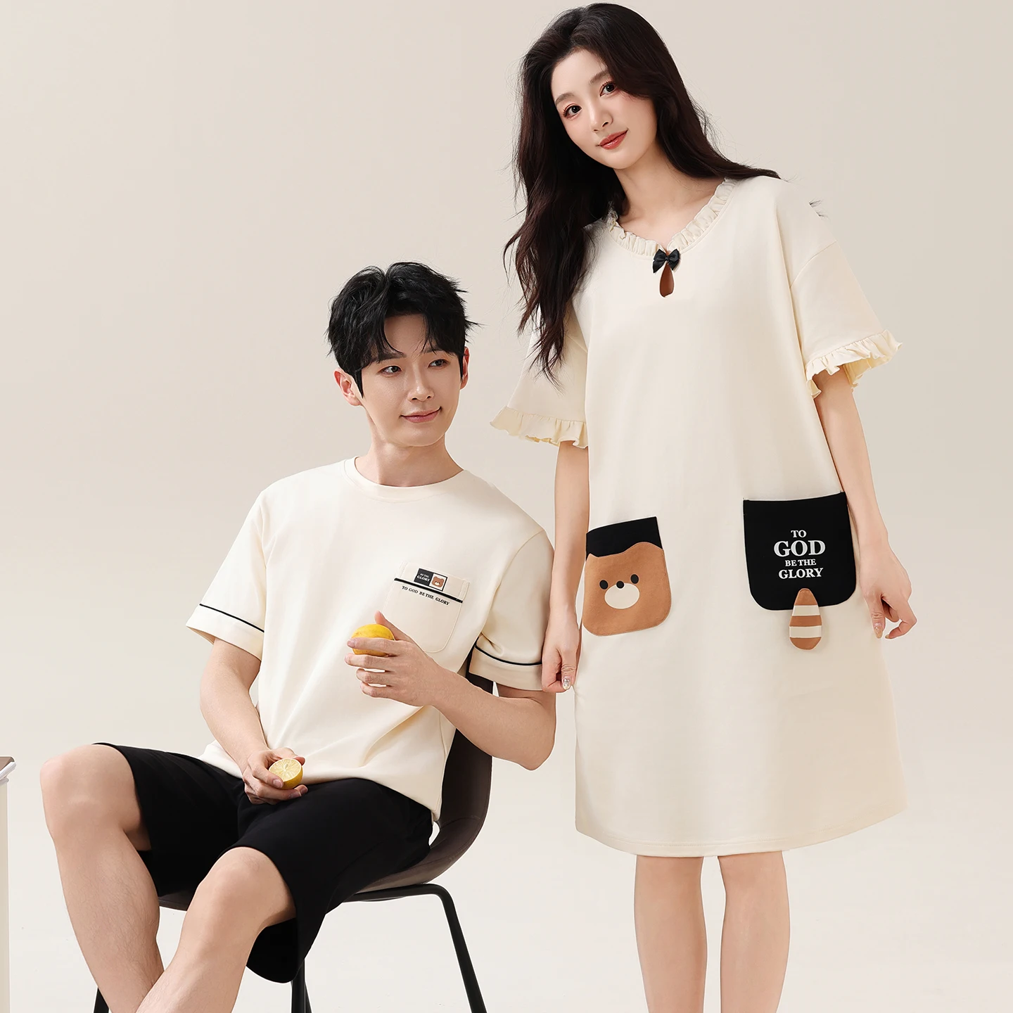 코튼 여름 커플 잠옷 반팔 얇은 홈웨어 세트 남성 스타일 편안하고 통기성 좋은 귀여운 플러스 사이즈 나이트가운