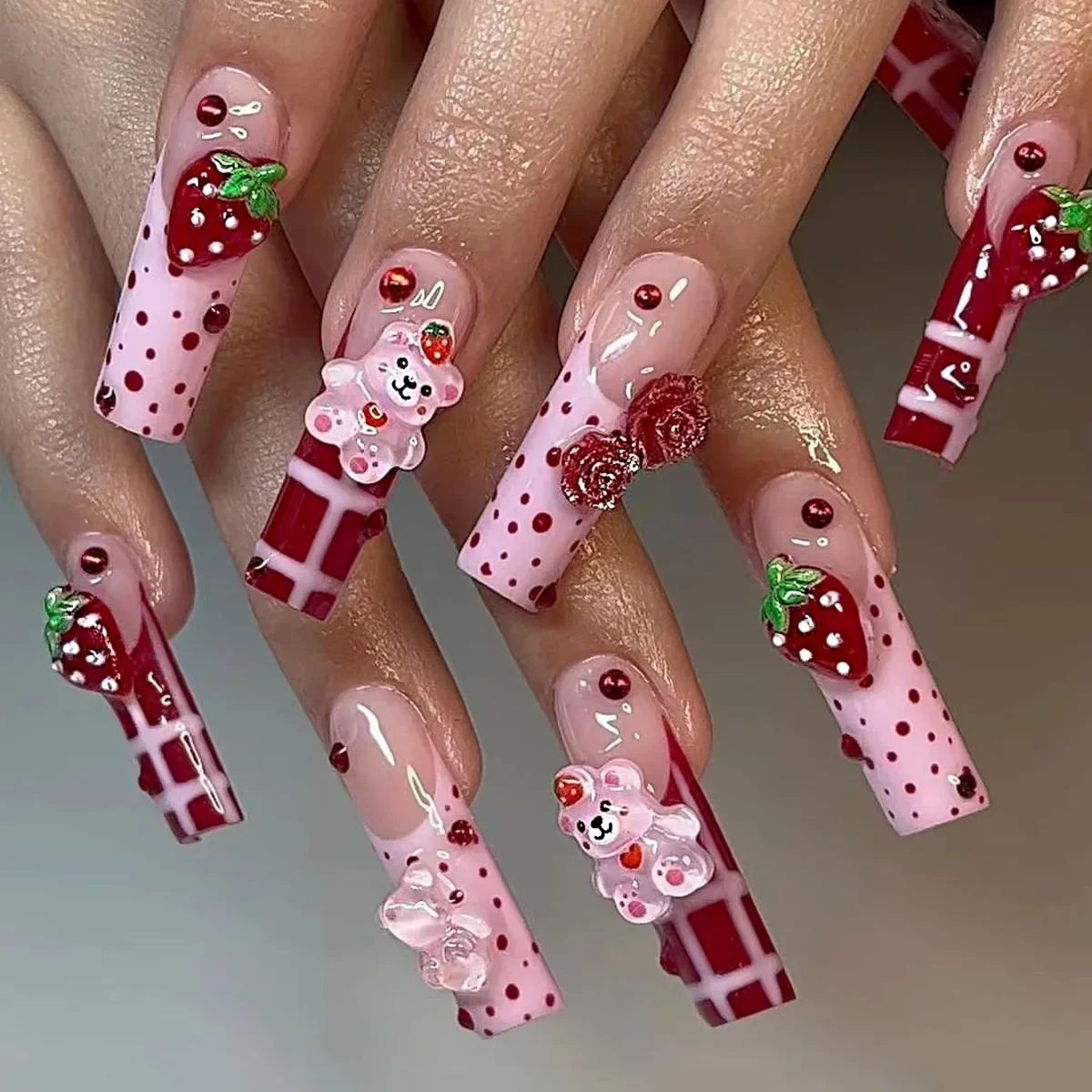 

24pcs Long Square Wearable Nail Set Spring/Summer 3D Milky Strawberry&Bear Design With Polka Dots & Stripes for Women and Girls