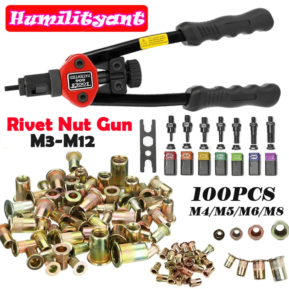 Cabeça Chata Riveting Nut Conjunto com Mão Threaded Gun Rebitador Manual Ferramenta Rivnut Bt606 Insert 100 Pcs