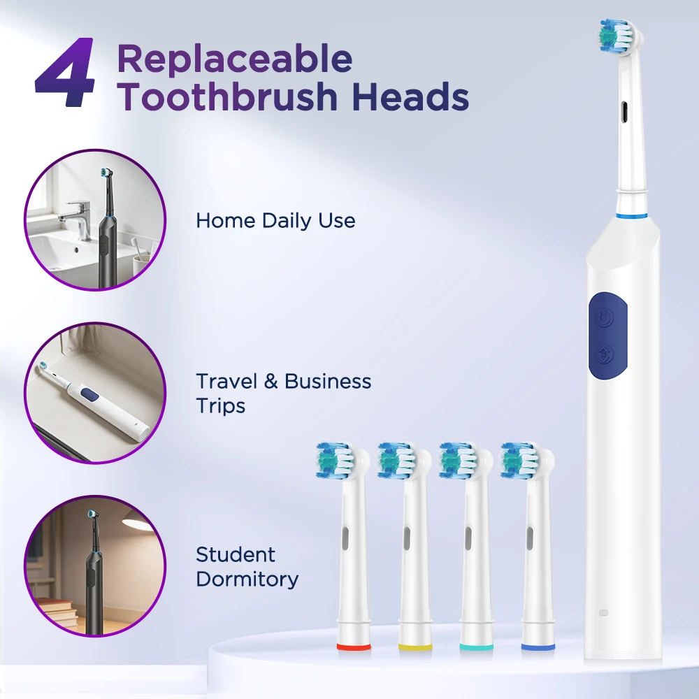 Rotating Electric Toothbrush 5 Modes USB Fast Rechargeable Rotary Electric Toothbrush Timer Travel Case and 4 Brush Heads