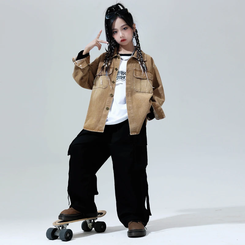 

Children Girls Hip Hop Clothing Gradient Jacket Black Cargo Pants Kids Street Dance Coat Clothes Sets Teenage Jazz Costumes