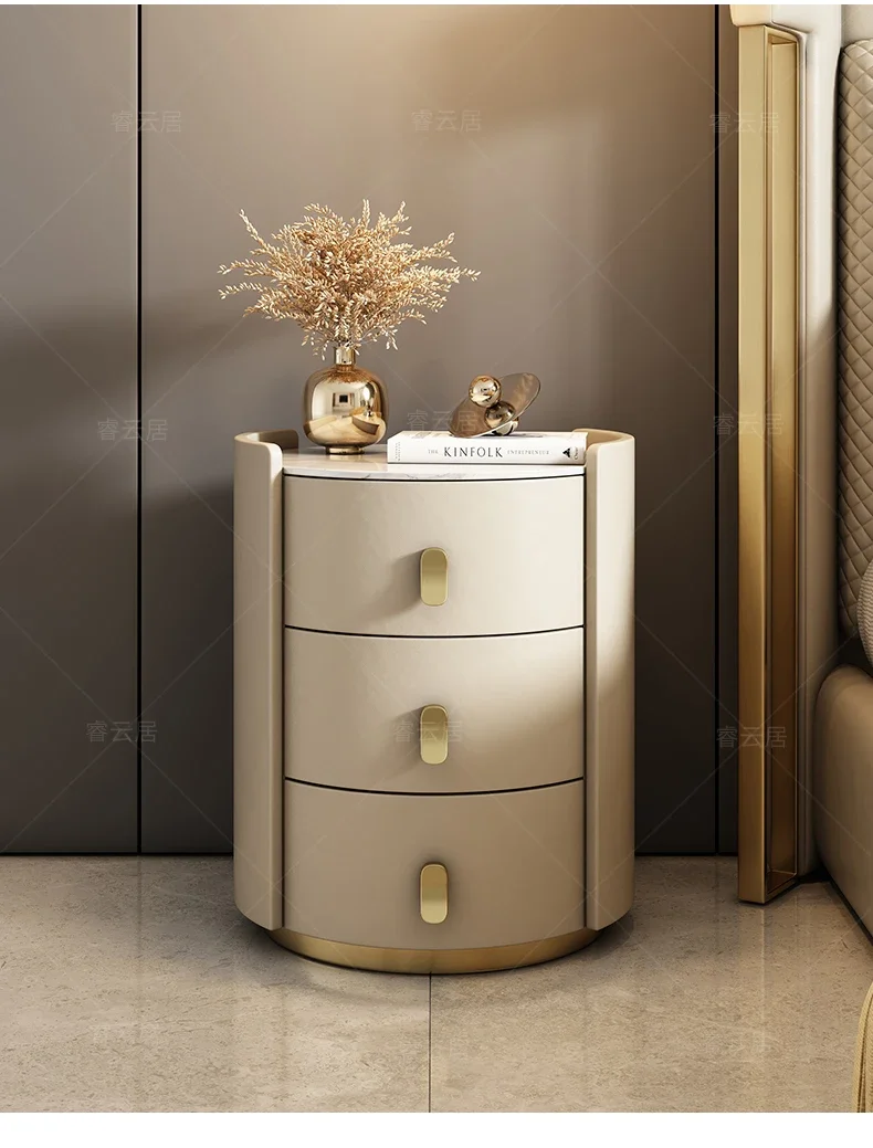 

Luxury rock round bedside table wireless charging Italian minimalist small-sized leather solid wood