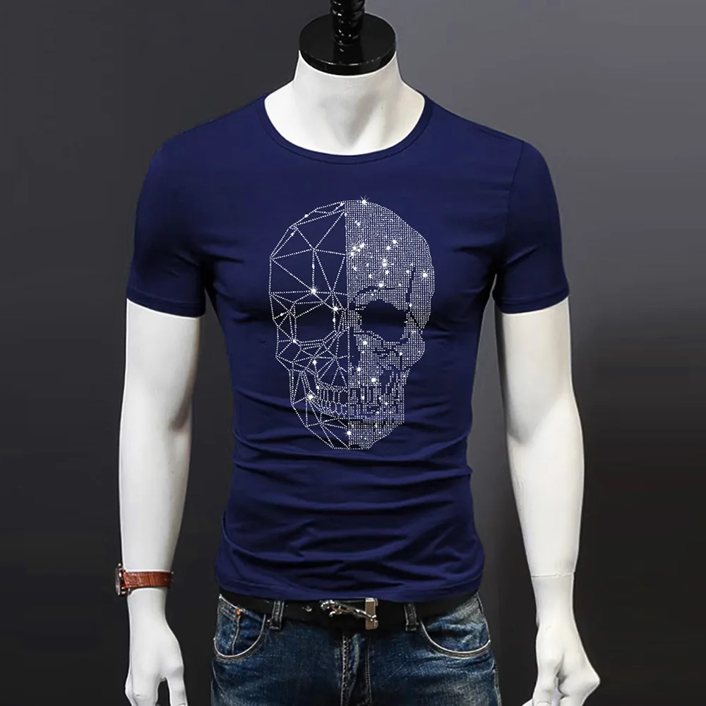 New Elastic Cotton Men's Silver Gold Skulls Tees Hip Hop Tops Man Summer Short Sleeve T-Shirt Casual Oversized Basic Tee clothes