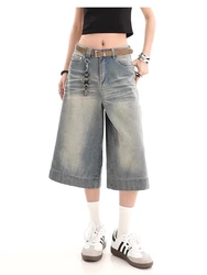 Women's Cat Whisker Texture Retro Denim Shorts Unisex Style Wide Leg Capris Street Summer Female High Waist Loose Short Jeans