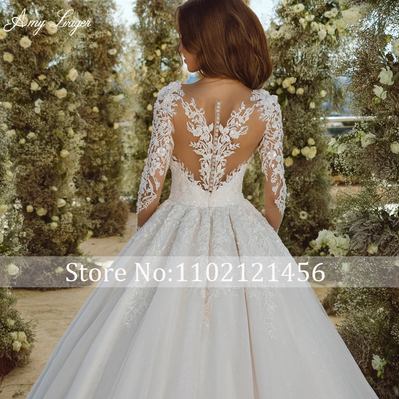 AmyLvager Romantic Scoop Neck Long Sleeves Ball Gown Wedding Dress 2023 Gorgeous Appliques Beaded Sparkly Princess Bridal Gown