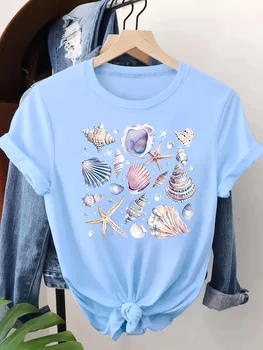 Seashell & Starfish Women's Tee - Coastal Beach Graphic, Casual Light Blue Top 1