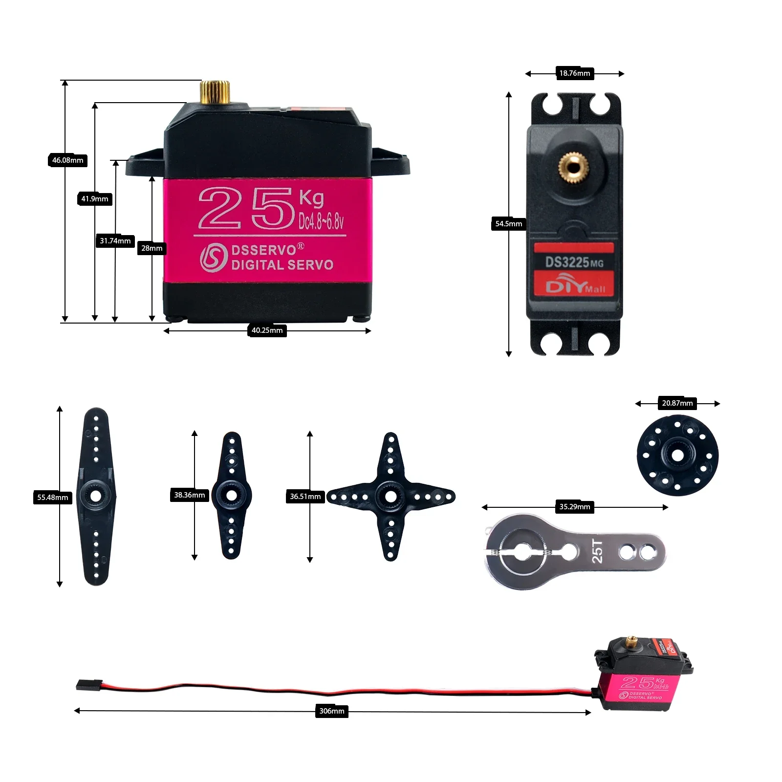 Servo RC DS3225 25Kg 180/270° Kovový převod Voděodolný