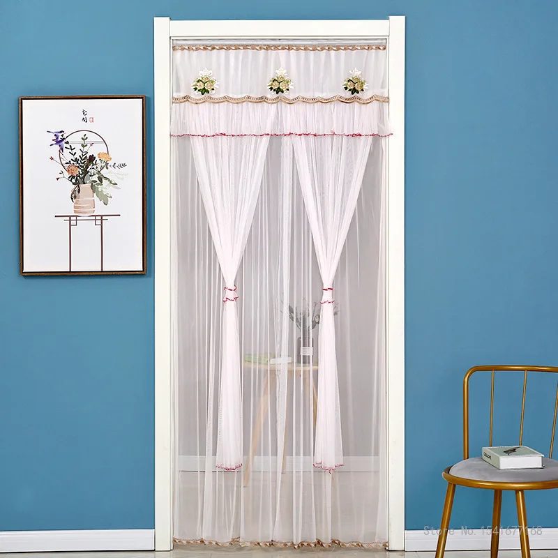 Punch-Free Mosquito Screen Door Curtain, Breathable Bedroom Partition Curtain, Double Layer Lace Embroidered Door Curtain
