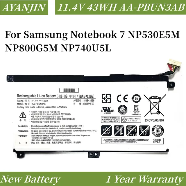 삼성 노트북 교체용 배터리, AA-PBUN3AB 11.4V 43Wh, NP530E5M, NP800G5M, NP740U5L