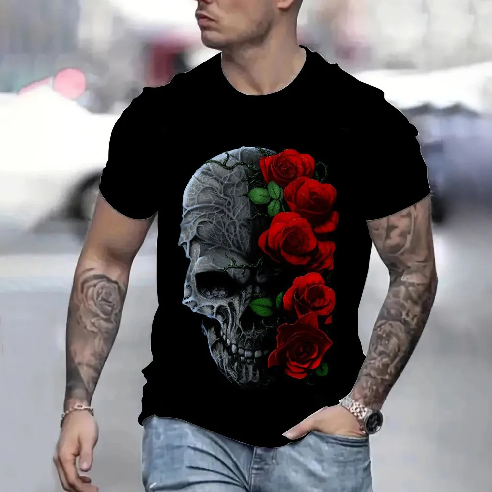 

2024 Men's T-shirt Black Horror Skull 3D Printed T-shirt Summer Men's T-shirts Casual Loose Streetwear Tees Short Sleeve Tops