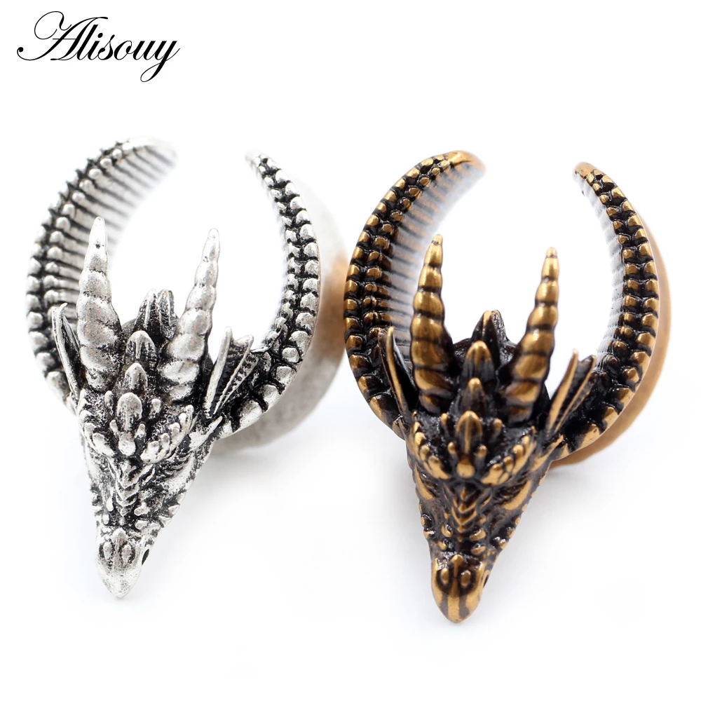 Alisouy 1Pc Retro Copper Dragon Buffalo Horn Sella Ear Tunnel Plugs Expander Barella Calibri Orecchini Piercing Gioielli Per Il Corpo