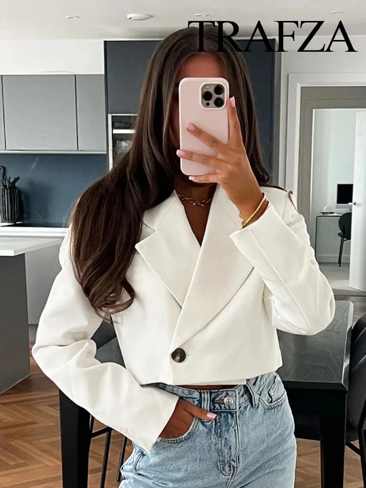 

TRAFZA Suits For Women Lapel Bare Waist Loose Short Blazers + Solid Chic Much Pockets Drape Textured Holiday Female Pants