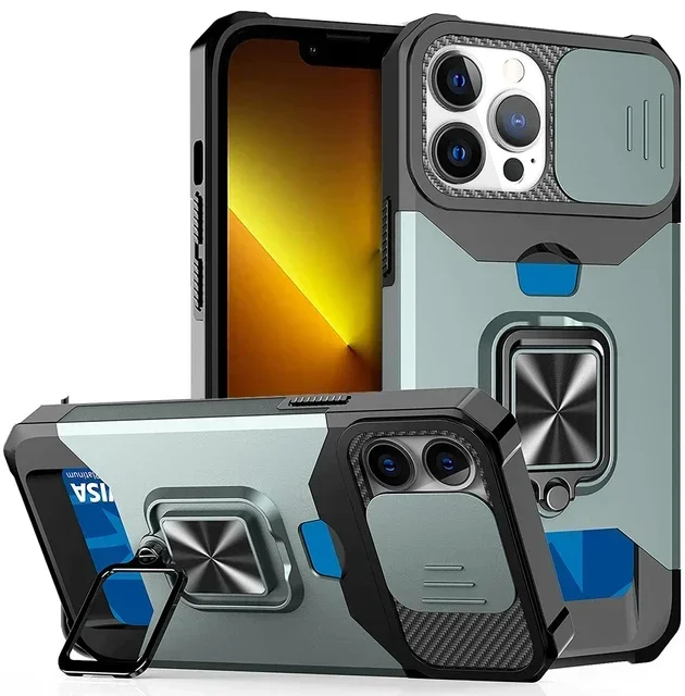 Shockproof Armor Phone Case with Card Slot, Ring Holder, and Slide Camera Cover