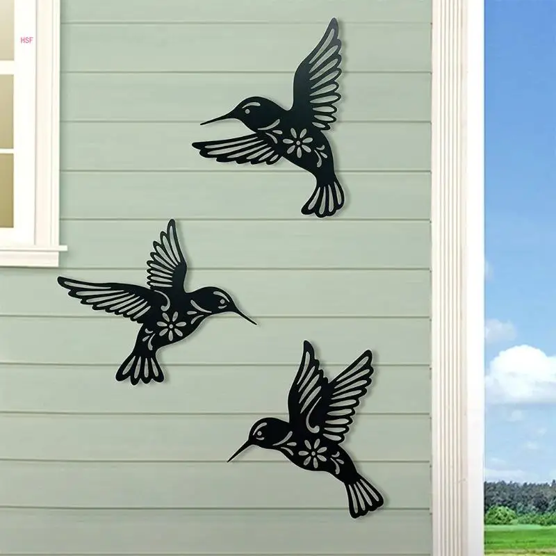 3Pcs Metal Hummingbird Wall Art Decor Hollow Out Iron Black Bird Statue Ornament 4