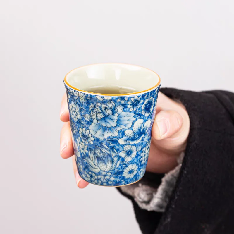 Antique Blue White Ceramic Teacup - Ru Kiln Crackle Glaze, Kung Fu Tea Set, Seasonable Single Cup for Tea Lovers, Personal Use