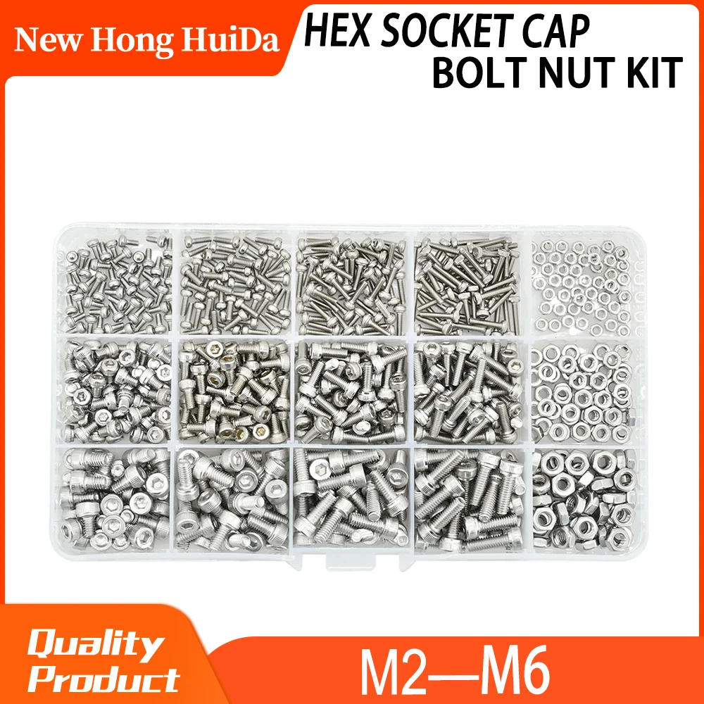 

Nuts Bolts Set M2 M3 M4 M5 M6 304 Stainless Steel Metric Threaded Hex Socket Cap Head Hexagon Machine Screws Nut Kit Allen Bolt