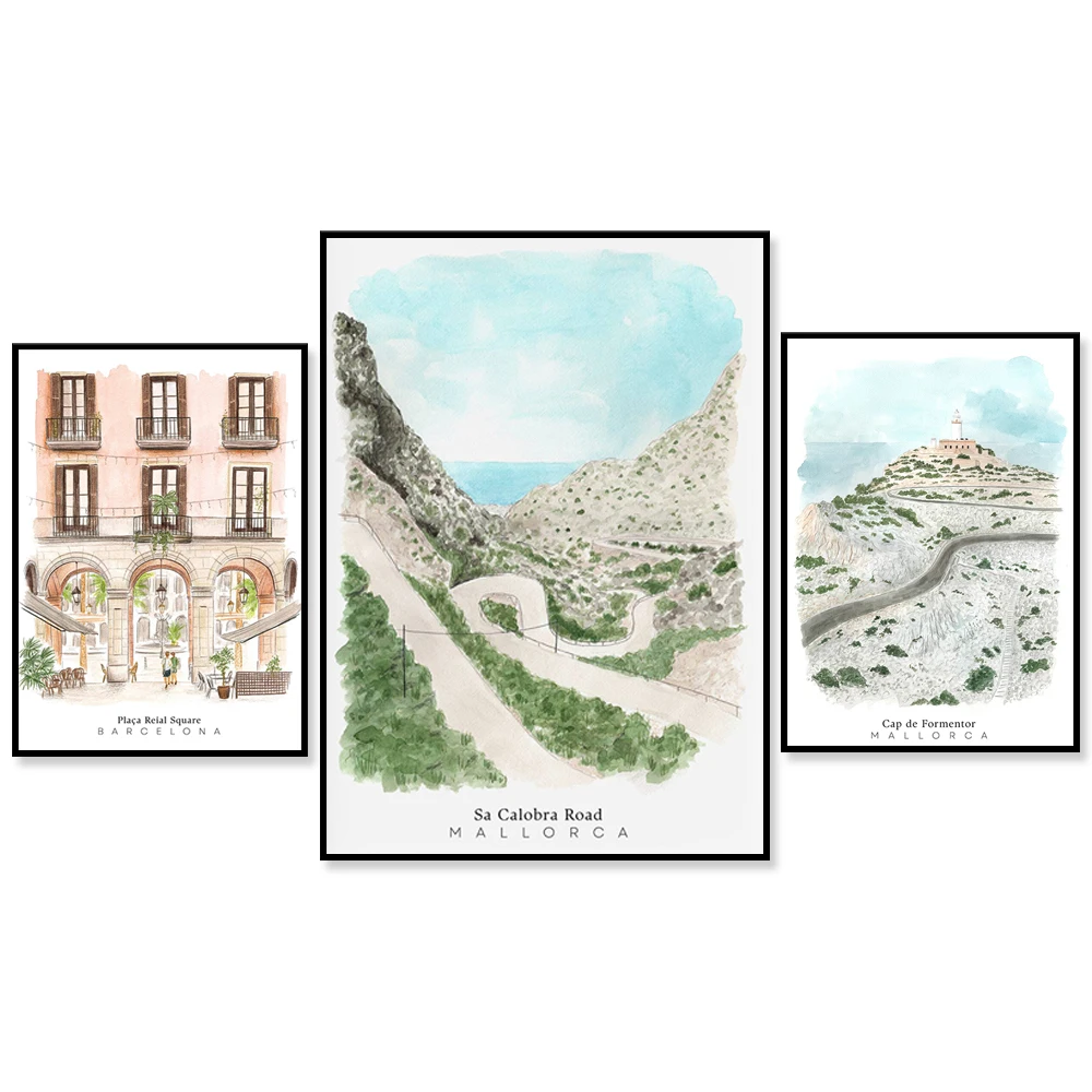 바르셀로나, 레이알 광장, 라스 람블라스, Sa Calobra Road, Cap de Formentor, 말라카 스페인 수채화 여행 포스터 아트 프린트